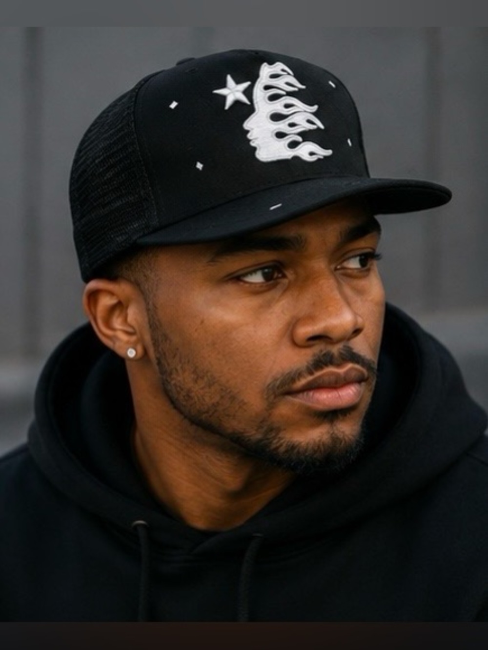 Hellstar Black Trucker Hat with White‎ Flame & Star Embroidery